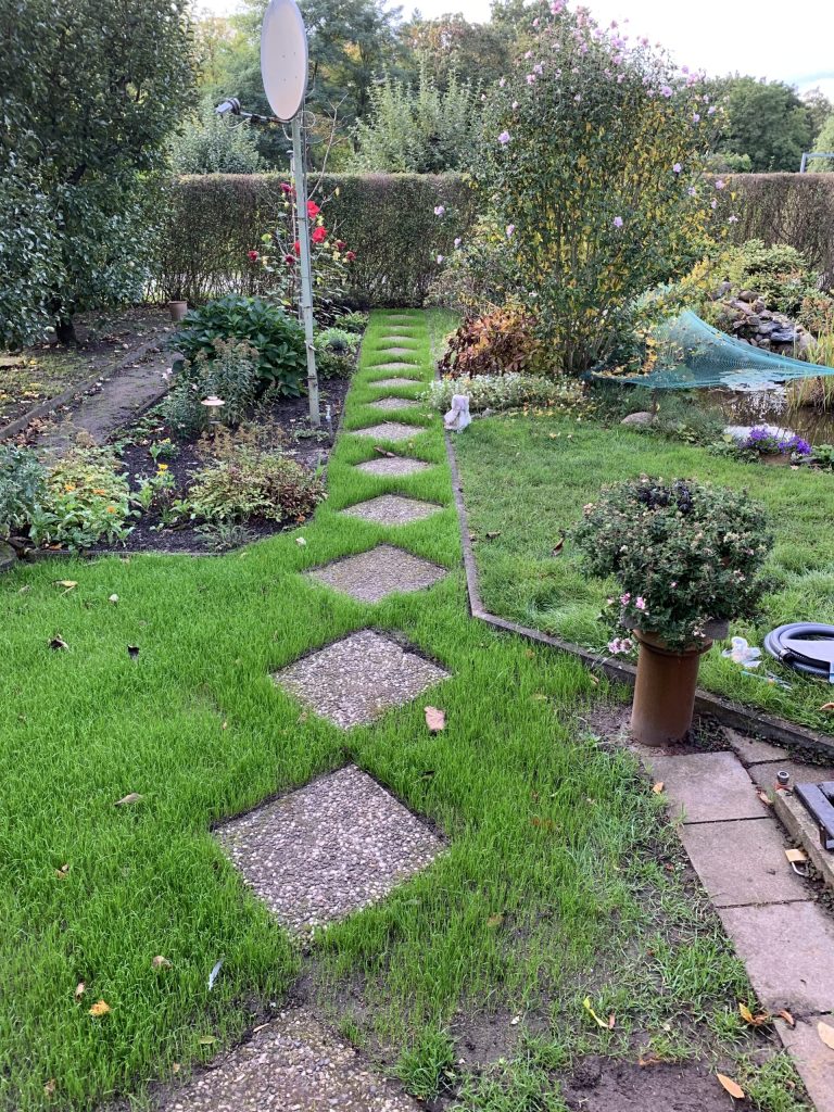 Begrünter, mit Gehwegplatten durchsetzter Weg