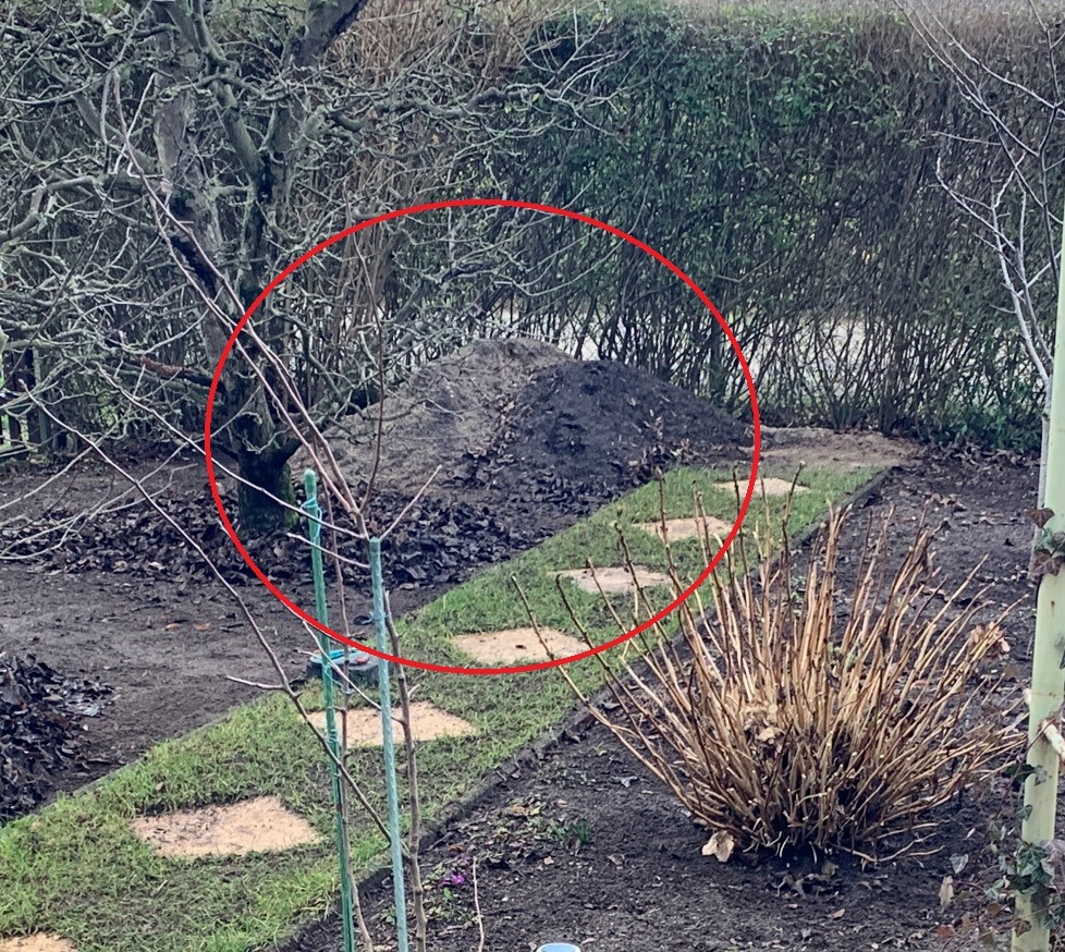 Sand-Kompost-Gemisch in der vordersten, im Sommer kaum einsehbaren Ecke des Gartens.