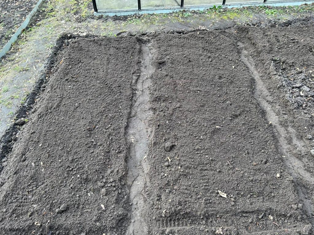 Mit Erde verfüllte Pflanzfurchen