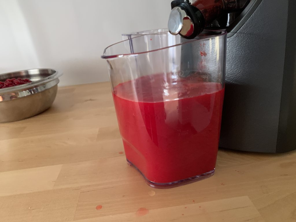 Aus 1,1 kg roter Johannisbeeren wurden 800 ml dickflüssiger Saft („Schweröl“)