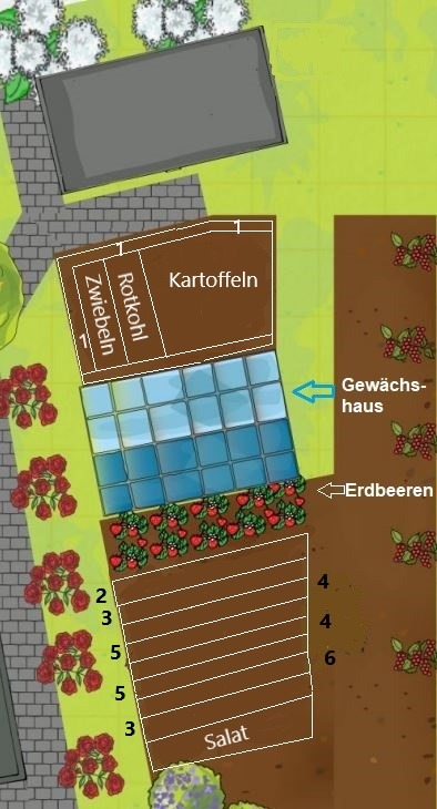 Neuplanung des Gemüsegartens 2023
(1 = Mais-Bohnenstangen-Kombi, 2 = Brokkoli, 3 = Porree, 4 = Zwiebeln, 5 = Möhren, 6 = Blumenkohl)