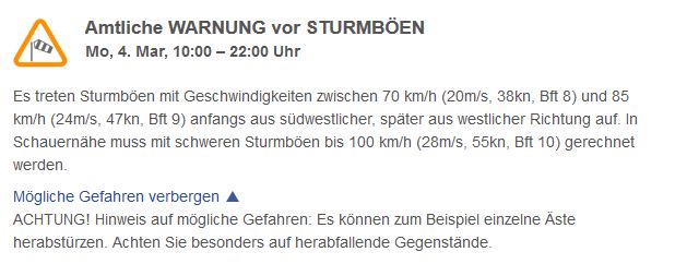 Amtliche Warnung des Deutschen Wetterdienstes vor Sturmböen