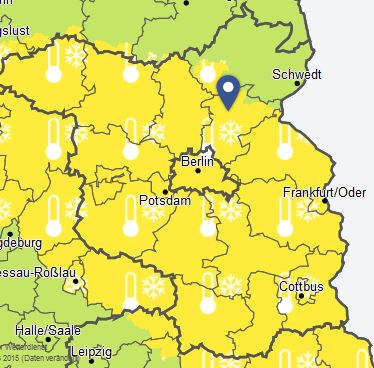 Amtliche Warnung vor Frost in den gelb markierten Gebieten (Quelle: DWD)