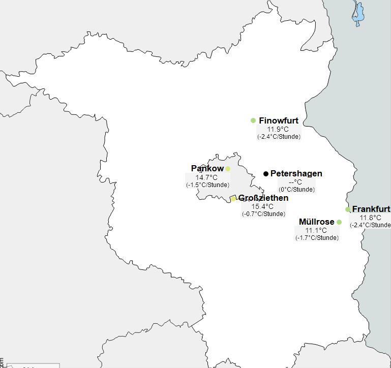 Aktuelle Temperaturkarte von Berlin und Brandenburg.