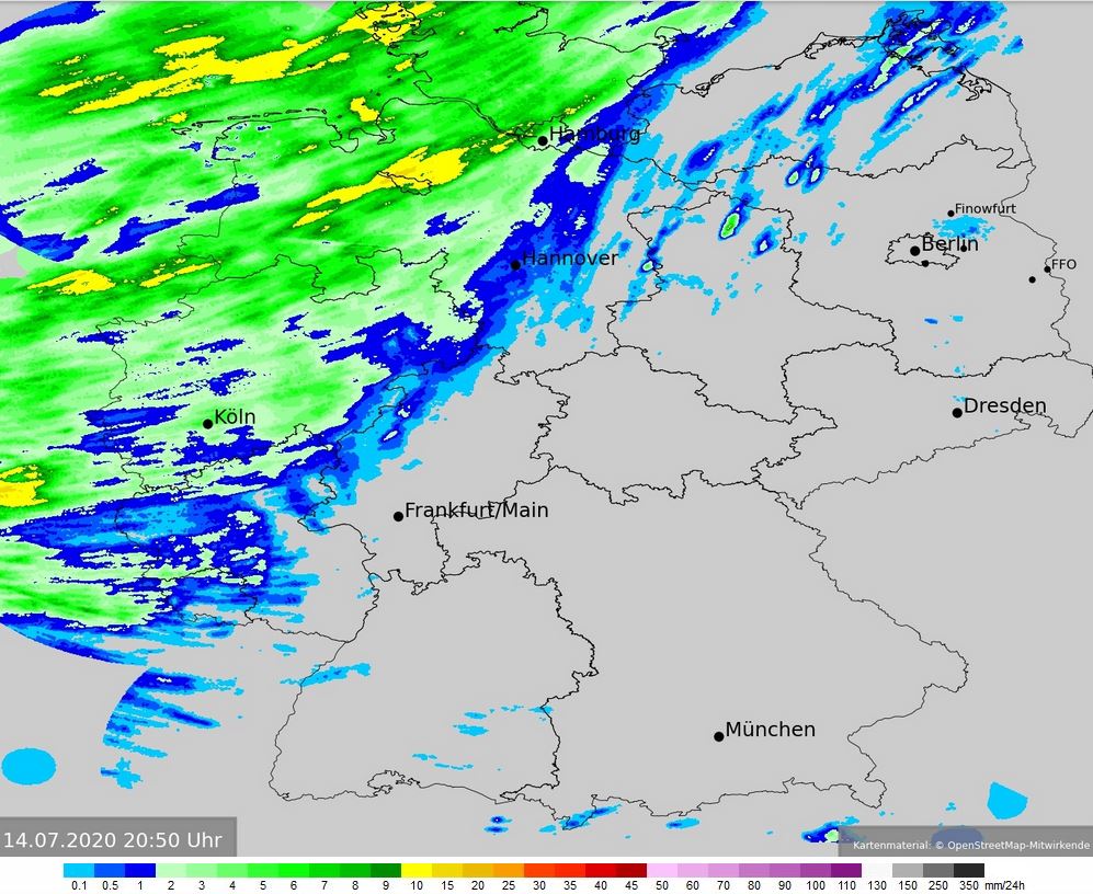 Niederschlagssummenkarte der vergangenen 24 Stunden von Deutschland.
Ähnliche Regensummen werden wir auch morgen in unserer Region messen.