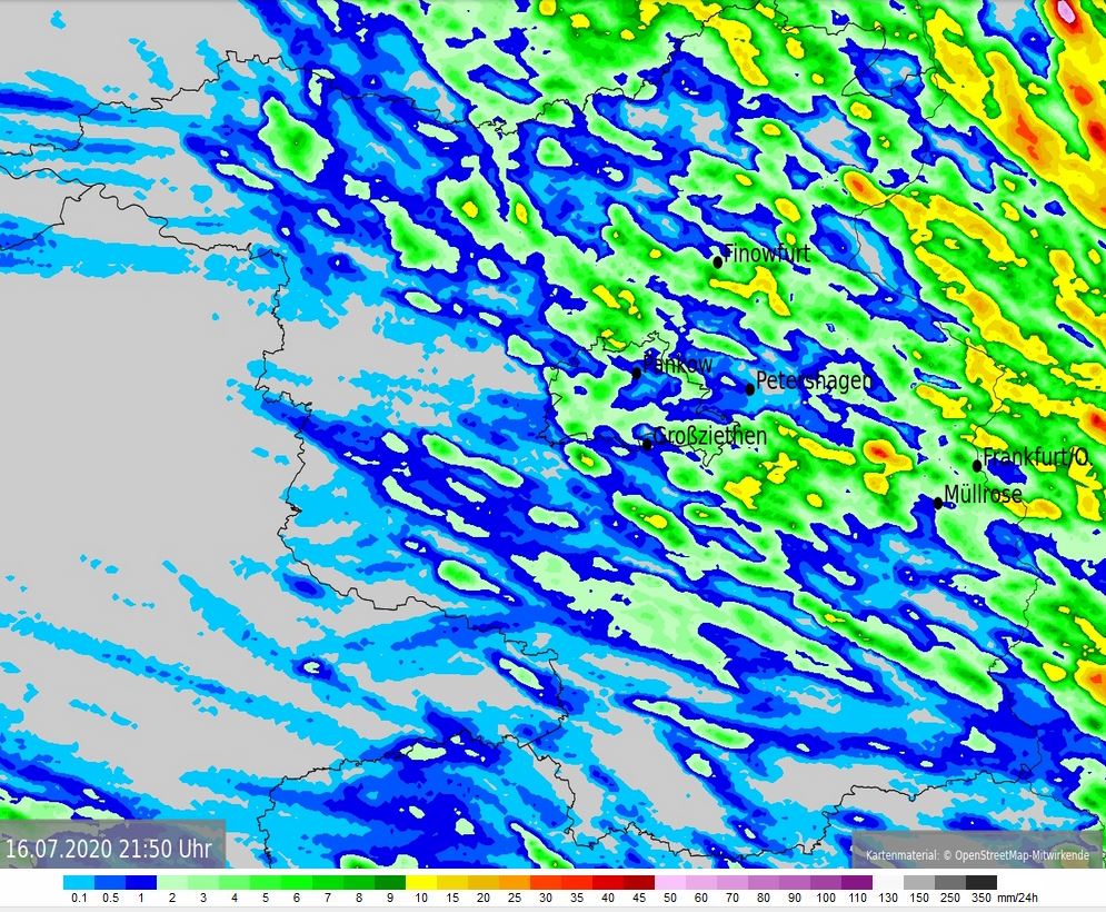 Auch Wetter kann Kunst: Niederschlagssummenkarte der vergangenen 24 Stunden vom 16.07.2020 - 21.50 Uhr