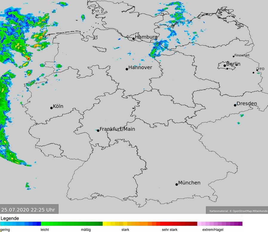 Den Westen Deutschlands erreichen die ersten Ausläufer des Niederschlagsgebiets, welches am Sonntag auch bei uns wetteraktiv sein wird.