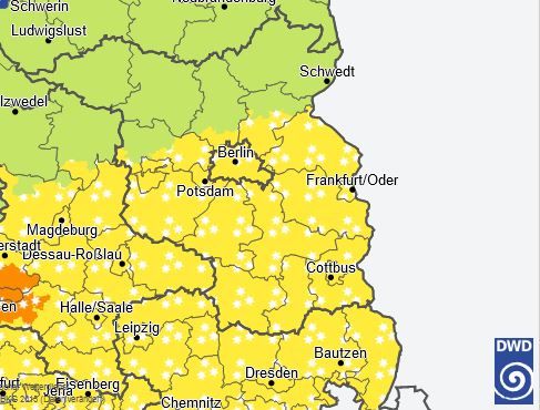 Warnkarte des DWD - Gelb markiert sind die Gebiete, in denen vor Schneefall gewarnt wird