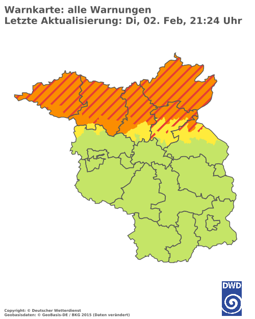 Warnkarte des Deutschen Wetterdienstes vom 2. Februar 2021