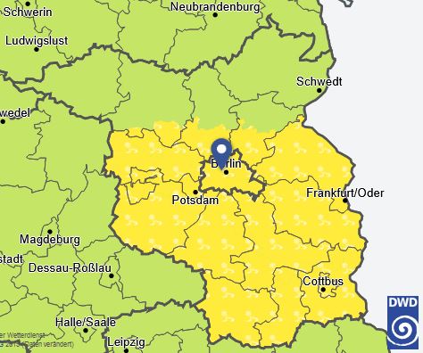 Gebiete mit einer Glättewarnung
(gelb markiert)