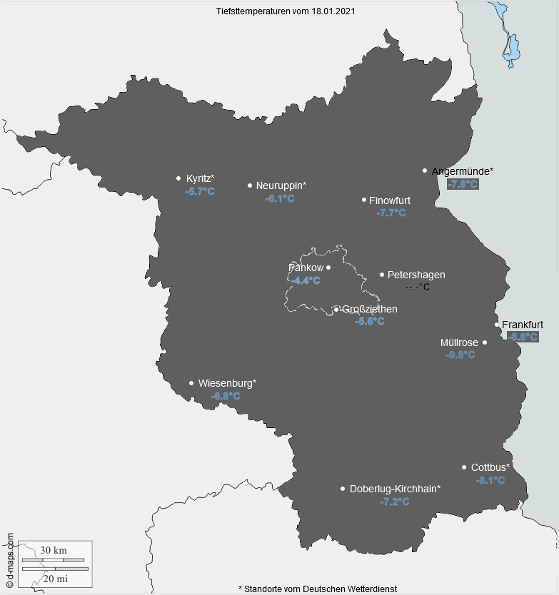 Tiefstwerte am 18.01.2021 - verbreitet die kälteste Nacht des Monats