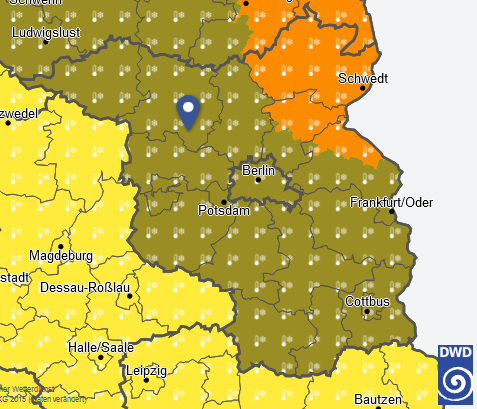 Gebiete mit Warnung vor Frost
(gelb-braun markiert)